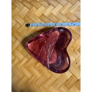 Signed Artisan Hand Blown Glass Heart Paperweight Pink Purple Wire Wrapped 1992